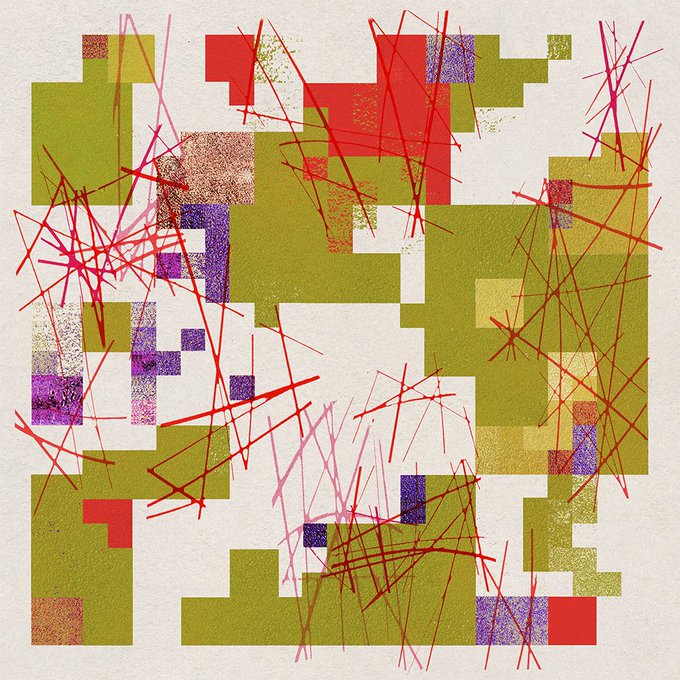 An abstract composition with pixelated, blocky shapes in olive green, red, and purple, overlaid with chaotic red and pink scribbled lines on a cream background.