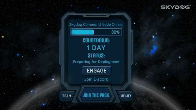 A Skydog command interface shows a "Skydog Command Node Online" progress bar at 30% with a "COUNTDOWN: 1 DAY" and status "Preparing for Deployment," featuring an "ENGAGE - Join Discord" button and "JOIN THE PACK" navigation options, aligning with the announcement of the upcoming SkyDog Mint on OpenSea at 1pm UTC on August 4, 2026.
