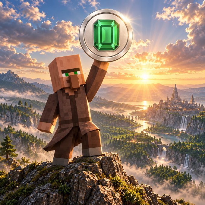 A Minecraft villager character stands triumphantly on a cliff holding up a large green emerald gem against a sweeping fantasy landscape with a sunset, waterfalls, and a distant castle.