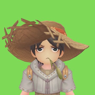A 3D-rendered cartoon boy wearing a straw hat and a leaf in his mouth, with a grumpy expression against a green screen background.