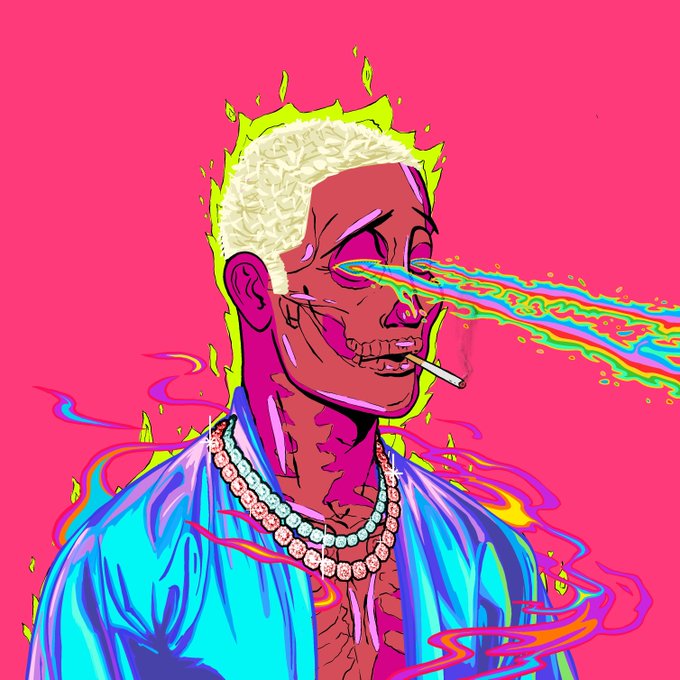 A vibrant, neon-colored digital illustration of a stylized figure with blonde curly hair, smoking a cigarette and shooting a rainbow-colored laser beam from their eye, set against a bright pink background.
