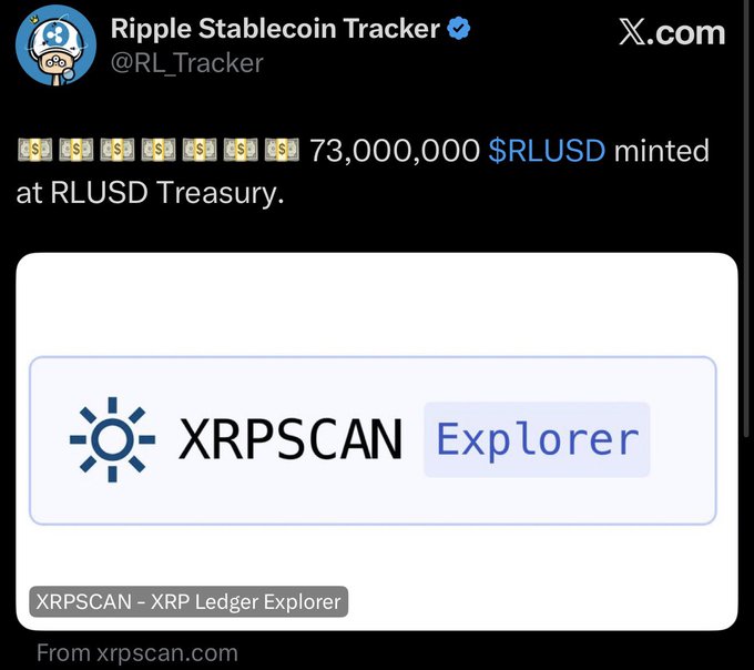 The image features a screenshot of a post promoting a stable coin called Ripple, which has been minted with 73 million US dollars worth of R lump sum payments. The post highlights that the stablecoin ecosystem is growing rapidly, as demand does not get minted while supply is being built up by institutions in the Ripple project.