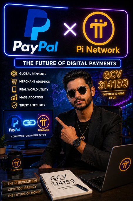 The image is a stylized promotional graphic featuring a man pointing toward the camera, surrounded by neon "PayPal × Pi Network" branding, the tagline "The Future of Digital Payments," and a notebook displaying "GCV 314159" alongside labeled claims such as "Global Payments," "Merchant Adoption," "Mass Adoption," and "Trust & Security." It visually reinforces the post's claim of a connection between Pi Network (PI) and PayPal's cryptocurrency payment infrastructure, using the Pi community's iconic GCV figure to dramatize the perceived significance.
