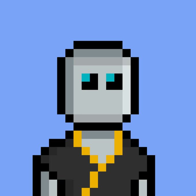 A pixel art character with gray skin, cyan eyes, and an orange scarf stands against a blue background.