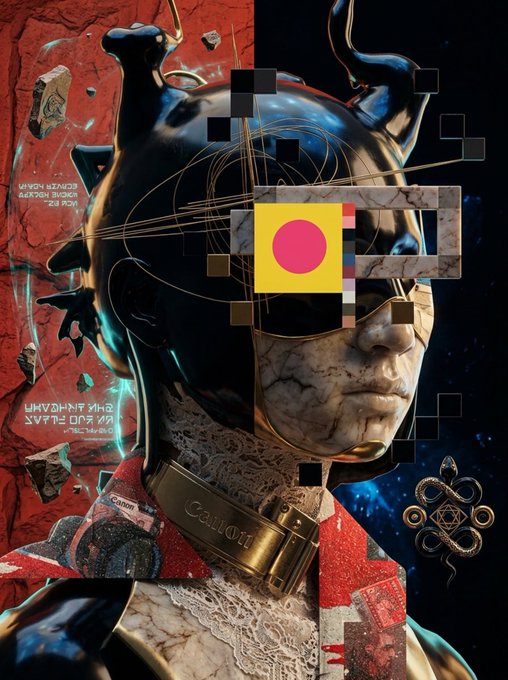 A surreal digital artwork depicts a figure with a cracked, marble-like face and a glossy black, horned helmet, featuring a pink dot on a yellow square and reversed alien-like text, with the name 'CANON' on the collar.