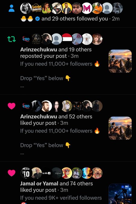 Instagram notifications screenshot showing activity including 'Arinzechukwu and 19 others reposted your post' and 'Jamal or Yamal and 74 others liked your post', with spam-like follower requests.