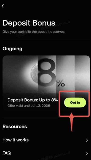 The image shows the OKX "Deposit Bonus" offer for up to 8%, valid until July 13, 2026. The "Opt in" button is highlighted, relating to the post's urgency about the last day to claim the bonus.
