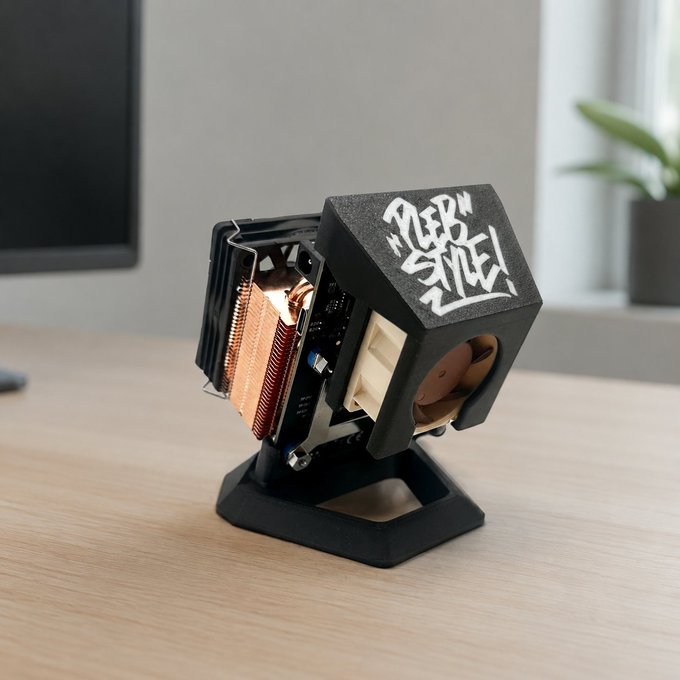 A compact 'Rep By Style' branded device, appearing to be a small Bitcoin miner with exposed copper cooling fins and a fan, displayed on a stand on a wooden desk.