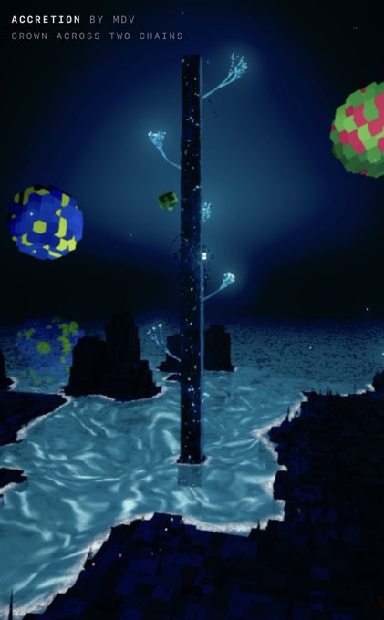 A pixel art digital piece titled 'ACCRETION BY MDV / GROWN ACROSS TWO CHAINS' showing a tall vertical structure rising from water, flanked by stylized Earth-like and red-green spherical planets in a starry sky.