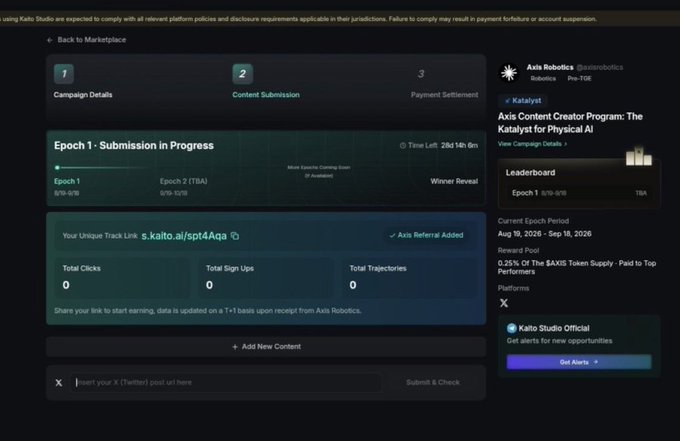 A dashboard for the 'Axis Content Creator Program: The Katalyst for Physical AI' from Axis Robotics showing Epoch 1 submission in progress, with metrics for Total Clicks, Sign Ups, and Trajectories all at 0.
