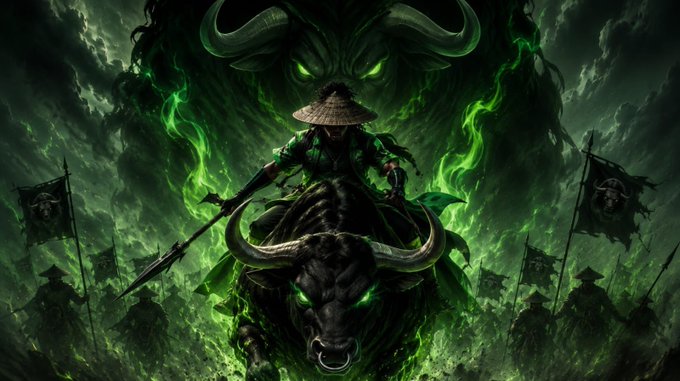 Dark fantasy illustration of a horned warrior in a straw hat riding a bull with glowing green eyes, surrounded by spectral green flames and shadowed figures with banners.