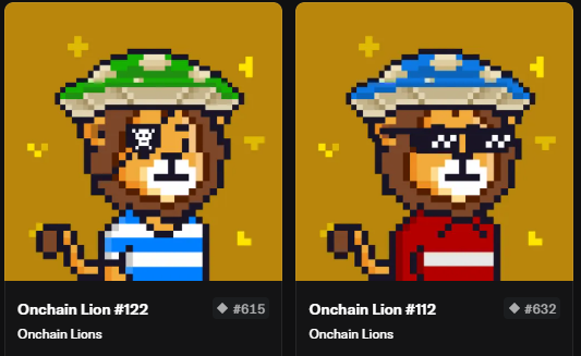 Two NFT profile pictures of pixelated lions wearing mushroom-shaped hats are displayed side by side; the left one ("Onchain Lion #122") wears a green hat and blue shirt with an eyepatch, while the right one ("Onchain Lion #112") wears a blue hat and red shirt with sunglasses.