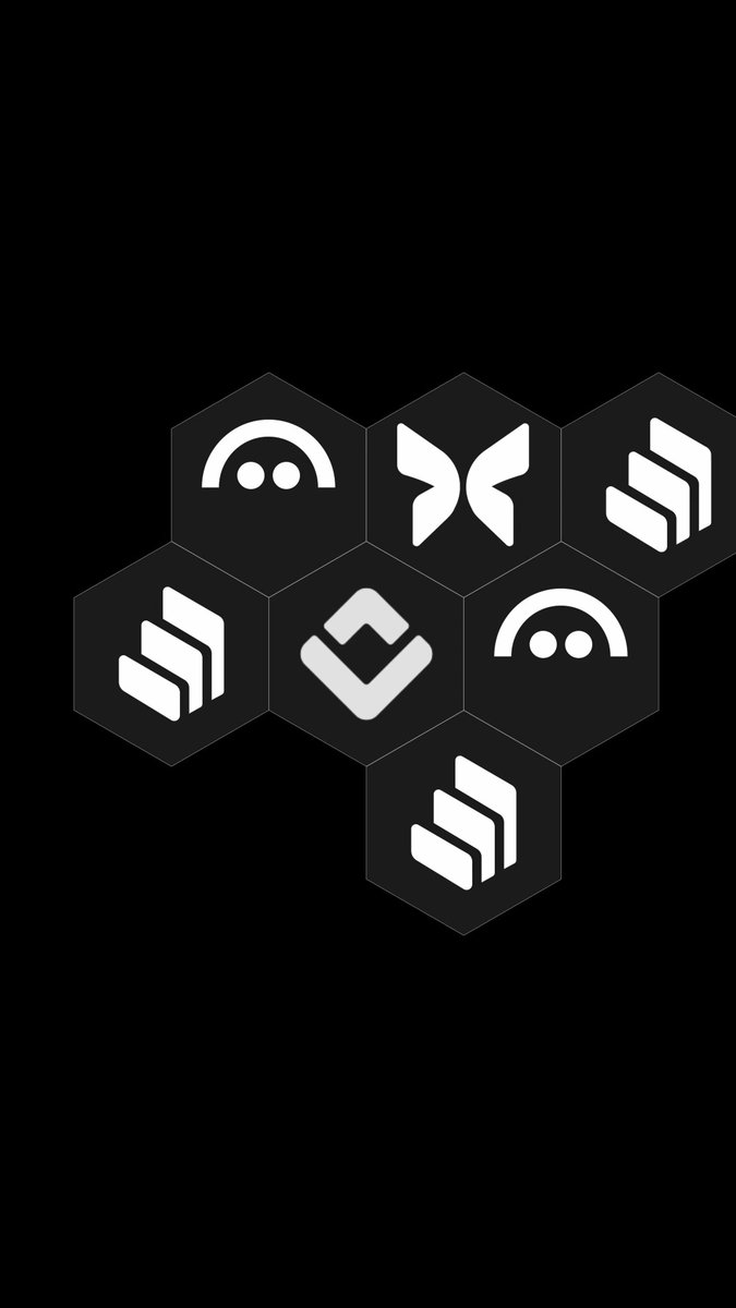 Black background featuring a cluster of hexagonal tiles containing white icons, including speech bubbles, a butterfly logo, and a checkmark symbol.
