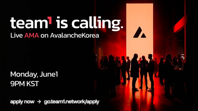 The image shows a group of people standing around an open door with a large "A" on it. The text on the poster reads "Team 1 Is Calling Live AMMA on Avalanches Korea", indicating that there's a live event happening at Avalanche Team1. The poster also mentions that the event is scheduled for Monday, June 9th and will be held at 9 PM. Additionally, there are two job openings available for those interested in joining the team.