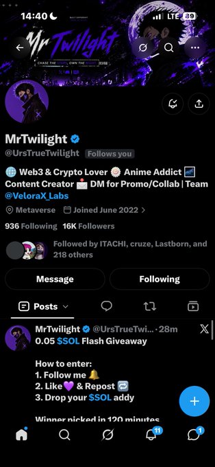A screenshot of an X (Twitter) profile for 'MrTwilight @UrsTrueTwilight' displaying a banner with a moon and a pinned post advertising a '0.05 $SOL Flash Giveaway'.