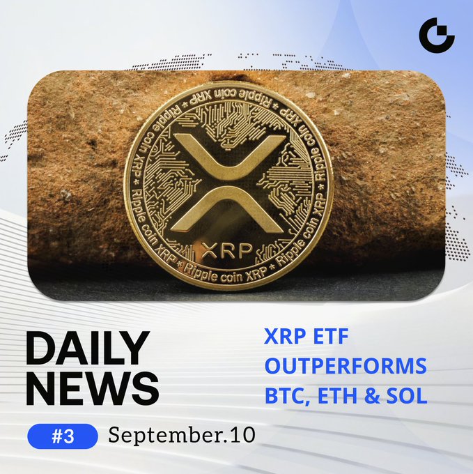 A digital news graphic featuring a gold XRP/Ripple coin with the headline 'DAILY NEWS #3 - September 10: XRP ETF OUTPERFORMS BTC, ETH & SOL'.