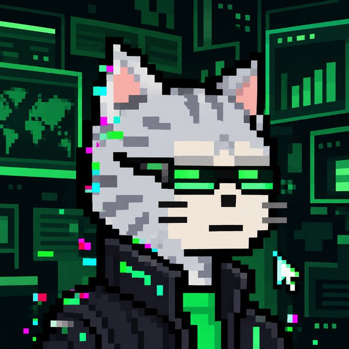 A pixel-art illustration of a white cat wearing green-tinted shutter shades and a black hoodie over a green shirt, set against a dark green background filled with retro computer monitors displaying world maps and bar charts, with glitch-like colorful pixel artifacts scattered throughout, matching the "Internet Cats" NFT mint announcement theme.