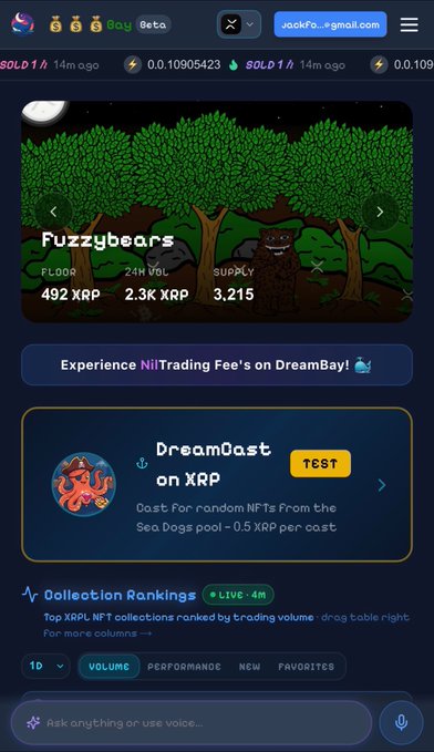 DreamBay marketplace interface showing 'Fuzzybears' NFT collection with 492 XRP floor price, 2.3K XRP 24H Vol, and a 'DreamCast on XRP' feature.