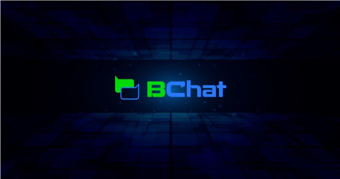 A glowing "BChat" logo with green and blue chat bubble icons sits centered on a dark blue tiled background, matching the post's mention of BeldexCoin and BChat, the privacy-focused messaging platform associated with the Beldex ecosystem.