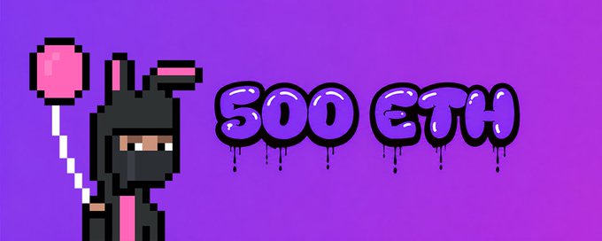The image features a cartoon character wearing a black outfit, holding a balloon with purple paint dripping from it. The character appears to be a pixel art style character or a character from a video game. The caption of the image reads "500ETH volume on @opensea No paid influencers or false promises just pixel art and a community that never stops bangin For many of us Lil Bangers is like home and to me that's the greatest achievement of all Congrats to all bangers!".