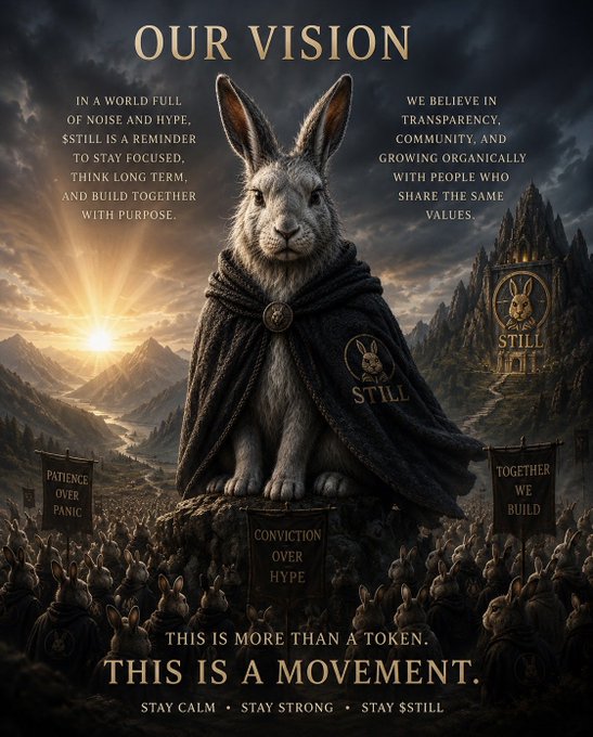 The image features a majestic rabbit in a dark cloak emblazoned with "STILL" and the project's rabbit logo, standing on a mountain peak above a crowd of followers holding banners reading "PATIENCE OVER PANIC," "CONVICTION OVER HYPE," and "TOGETHER WE BUILD." Text on the image reads "OUR VISION" with statements about transparency and community, and concludes with "THIS IS MORE THAN A TOKEN. THIS IS A MOVEMENT. STAY CALM • STAY STRONG • STAY $STILL." The cinematic poster aligns with the post's message by visually reinforcing $STILL's core values of patience, conviction, and long-term commitment over hype.