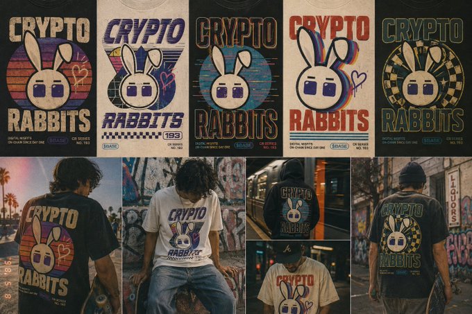 A grid showcasing five vintage-style t-shirt designs for 'Crypto Rabbits' featuring cartoon bunny graphics, displayed alongside photos of models wearing the shirts in urban street settings.