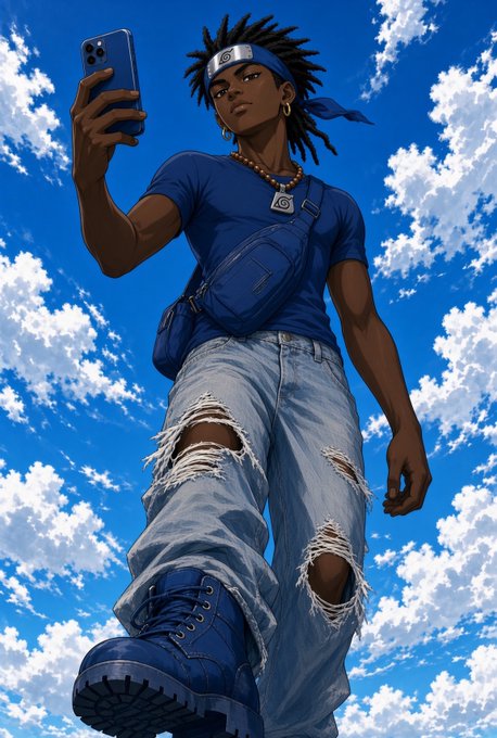 An anime-style low-angle illustration of a character with dreadlocks wearing a blue shirt, ripped jeans, and blue boots, taking a selfie with a smartphone against a cloudy blue sky.