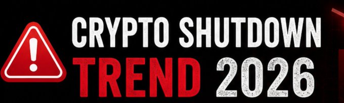 A bold warning banner displays the text "CRYPTO SHUTDOWN TREND 2026" alongside a red exclamation triangle, emphasizing the accompanying post's alert about the growing number of crypto projects—including Dango, BitMEX, ODOS, Movement Labs, SecondFi, Xenea, AscendEX, Zapper, Ctrl Wallet, Loopring, and Polygon—that have shut down or announced wind-downs in 2026.