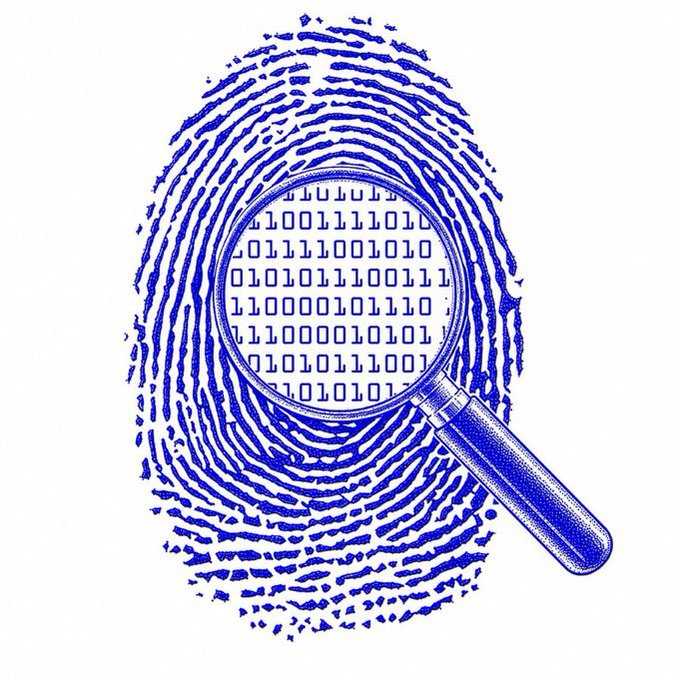 A blue fingerprint illustration with a magnifying glass revealing binary code (0s and 1s) in the center, symbolizing digital forensics or data investigation.