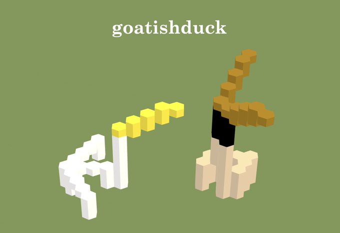 A voxel-style graphic on a green background showing a white and yellow figure with the username 'goatishduck' displayed at the top.