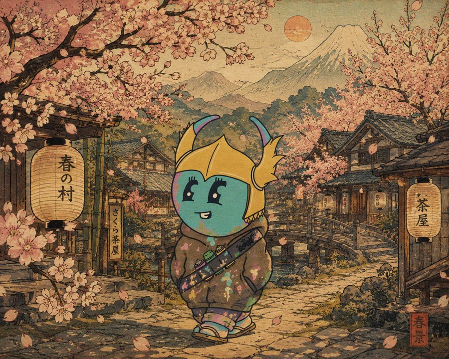 A stylized illustration of a blue and yellow cartoon character in a kimono standing in a traditional Japanese village with cherry blossoms, Mt. Fuji, and lanterns reading '春の村' and '茶屋'.