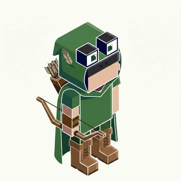 An isometric voxel-style character wearing a green hooded cloak with binocular-shaped eye patches, brown boots, and a quiver of arrows on their back, likely representing a mint notification badge for the @playbandits and @dollclubnft NFT projects.