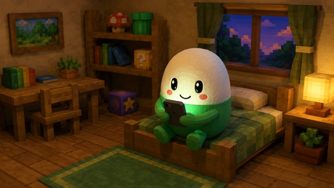 A 3D animated green and white egg-shaped character sits on a bed in a cozy wooden room, smiling while holding a black handheld device.