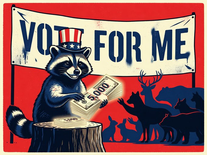 A political-style propaganda poster featuring a raccoon wearing an Uncle Sam top hat holding a stack of $5,000 bills, standing before a 'VOTE FOR ME' banner, surrounded by silhouettes of various animals against a red background.