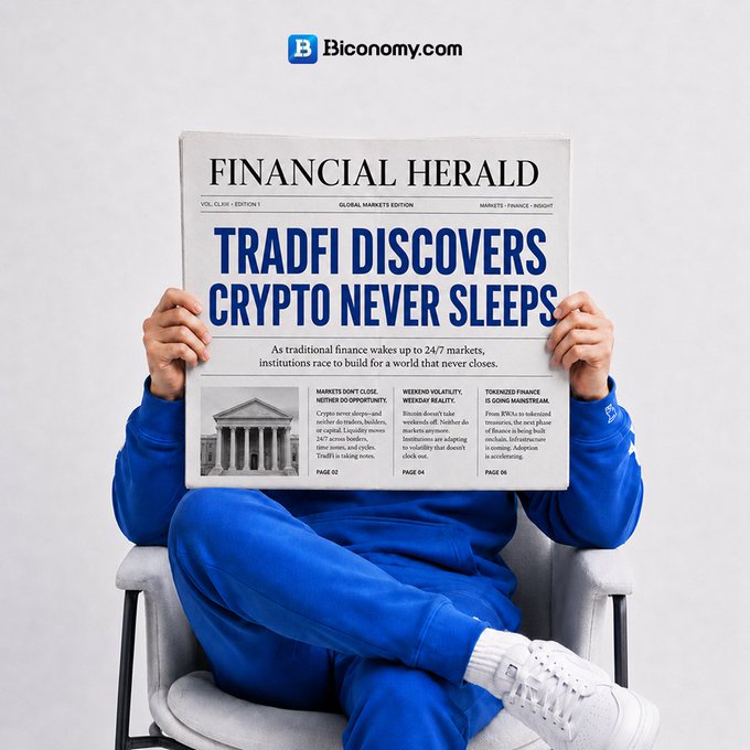 A person in a blue tracksuit holds up a 'FINANCIAL HERALD' newspaper with the headline 'TRADFI DISCOVERS CRYPTO NEVER SLEEPS,' with the Biconomy.com logo displayed above.