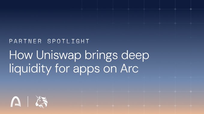 A promotional banner titled 'PARTNER SPOTLIGHT: How Uniswap brings deep liquidity for apps on Arc' featuring the Arc and Unicorn logos.