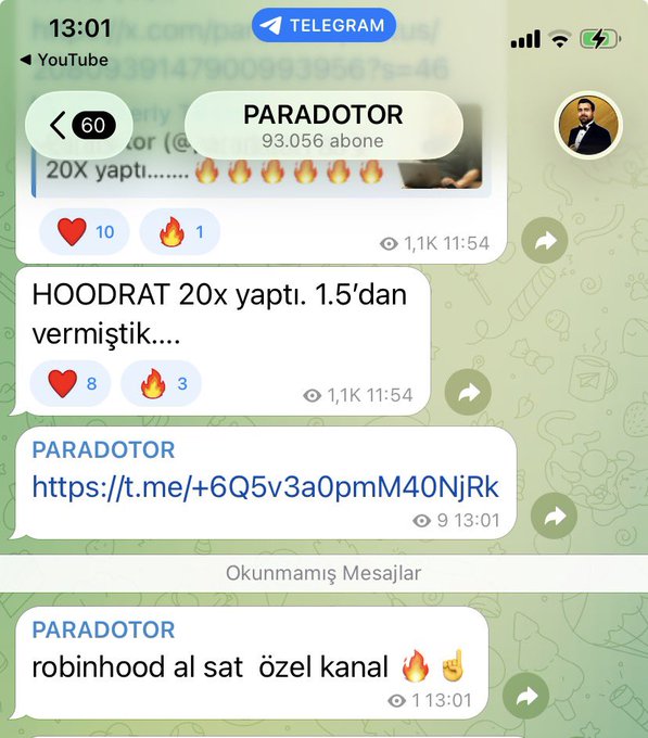 A Telegram chat screenshot showing messages from "PARADOTOR" with a channel link and various messages about crypto trading including "robinhood al sat özel kanal" with fire emojis.