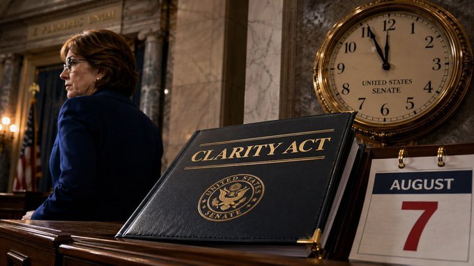 A political scene showing a woman in a blue suit standing near a large 'United States Senate' clock, with a binder labeled 'CLARITY ACT' in the foreground and a calendar showing 'AUGUST 7'.