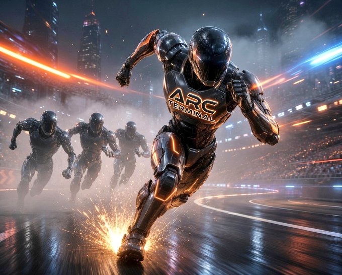 Futuristic armored runners race on a neon-lit track in a cyberpunk stadium, with one figure in front wearing 'ARC TERMINAL' gear.