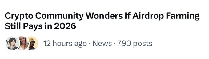 A forum post title reading 'Crypto Community Wonders If Airdrop Farming Still Pays in 2026', posted 12 hours ago in the News section with 790 posts.
