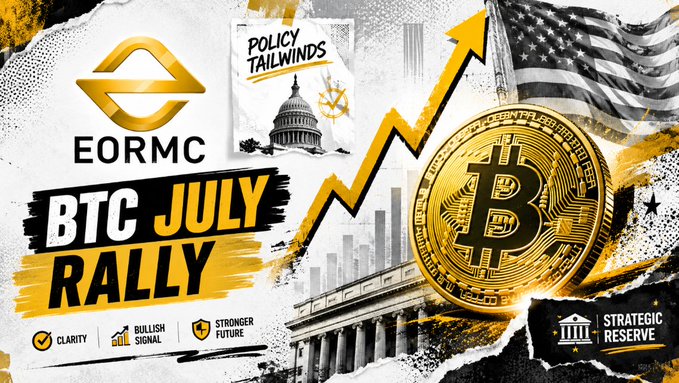 A graphic from EORMC titled "BTC JULY RALLY" features a golden Bitcoin coin, an upward trending arrow, the U.S. Capitol building, and an American flag, along with text highlighting "Policy Tailwinds" and a "Strategic Reserve." The imagery visually reinforces the post's message about Bitcoin's July seasonal uptrend being bolstered by policy developments and U.S. government support.