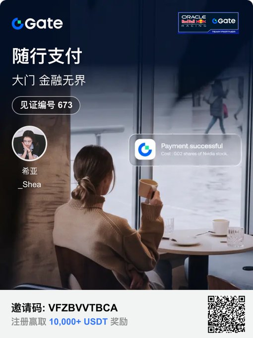 A promotional advertisement features the "Gate" logo and Chinese text "随行支付 大门 金融无界," showing a woman at a cafe receiving a "Payment successful" notification for a purchase costing "0.002 shares of Nvidia stock," with an Oracle Red Bull Racing logo and a QR code.