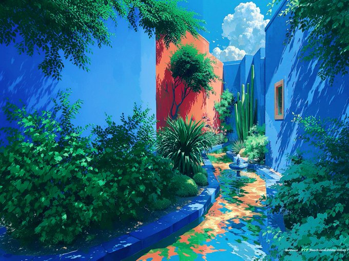 A vibrant, painterly illustration of a narrow alleyway featuring bright blue walls, lush green foliage, cacti, a small fountain, and a sunlit orange and blue patterned path.