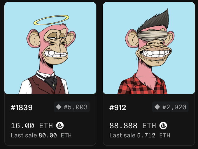 Two Bored Ape Yacht Club NFTs displayed on a marketplace interface: #1839 (angel/halo monkey, 16.00 ETH, last sale 80.00 ETH) and #912 (blindfolded punk monkey, 88.888 ETH, last sale 5.712 ETH).