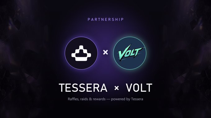 A partnership announcement graphic featuring the Tessera logo paired with the Volt logo under the heading "PARTNERSHIP," with text reading "TESSERA × VOLT — Raffles, raids & rewards — powered by Tessera," promoting their collaboration and Discord giveaway event.