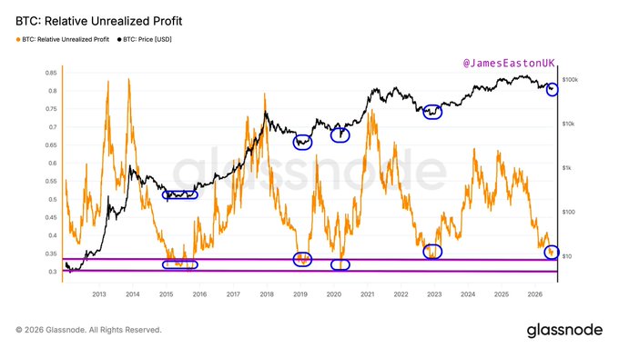 A Glassnode chart titled "BTC: Relative Unrealized Profit" tracks Bitcoin's price (black line) against the Relative Unrealized Profit metric (orange line) from 2013 to 2026, with blue circles highlighting historical instances where the metric dropped to around 0.30—signaling market bottoms. The chart visually reinforces the post's message that despite differing cycle highs, Bitcoin consistently bottoms at similar unrealized profit levels, making it an opportune time to DCA amid widespread bearish sentiment.