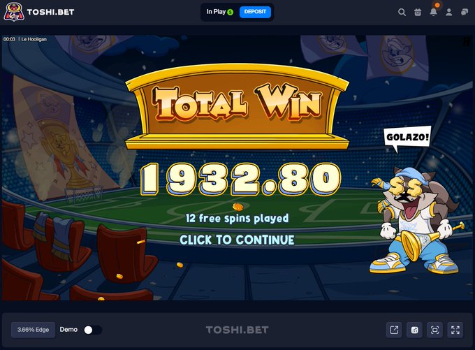 The image shows a "TOTAL WIN" of 1932.80 from a slot game called "Le Hooligan" on TOSHI.BET, featuring a cartoon character shouting "GOLAZO!" after 12 free spins. This relates to the post celebrating a win on the Le Hooligan slot game, matching the user's excitement about their gaming success.