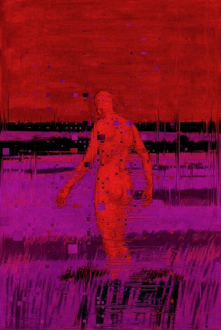 A glitch-art painting depicts a red silhouetted figure against a red and purple background with digital distortion artifacts throughout.