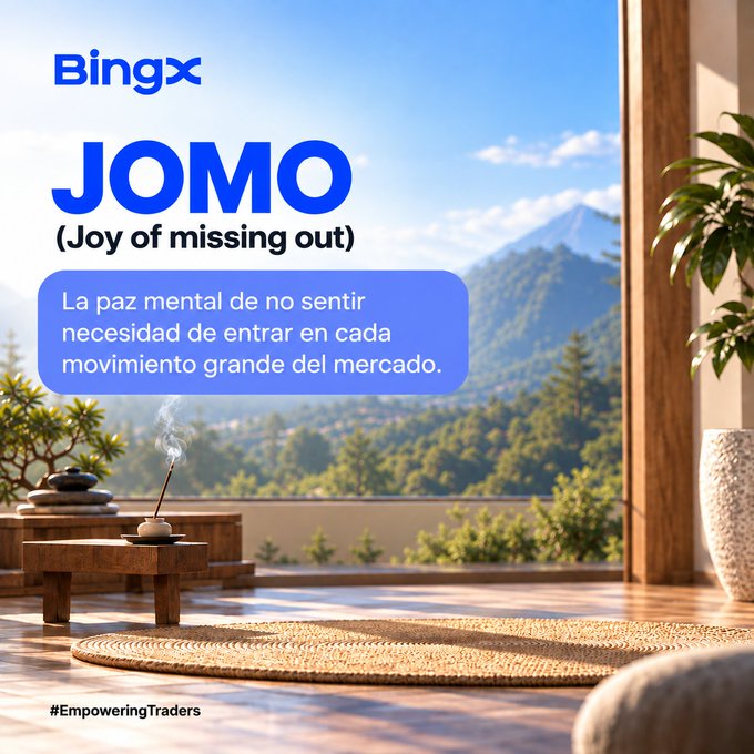 A BingX ad promoting 'JOMO (Joy of missing out)' with Spanish text about mental peace from not needing to join every major market move, set against a serene mountain-view meditation space.