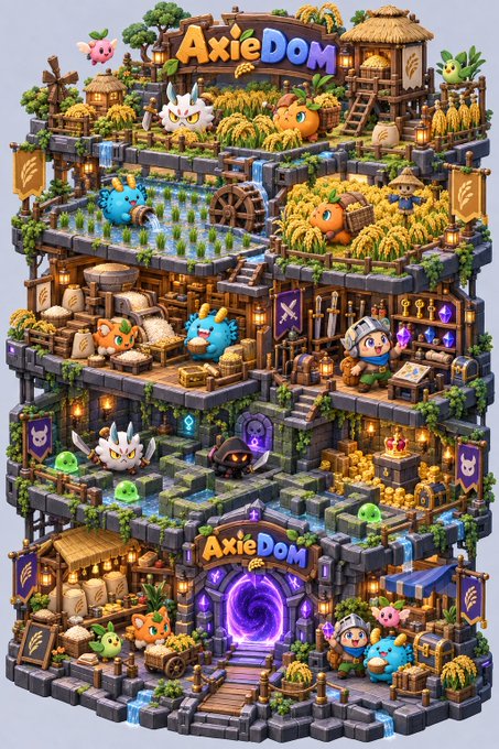 A detailed pixel art illustration of a multi-level tower labeled 'AxieDom,' featuring various cute creature characters, crops, a water wheel, and a glowing portal at the base.
